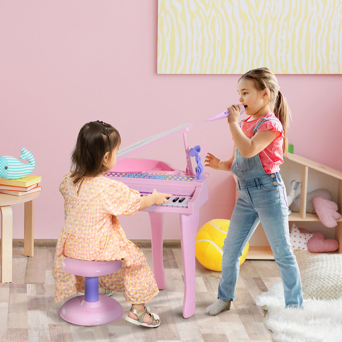 Keyboard Kinder mit 37 Tasten, Hocker Klavier mit Mikrofon, LED-Lehrmodus, Aufnahme, Piano Musikinstrument f¨¹r 3-6 Jahre Kinder Rosa