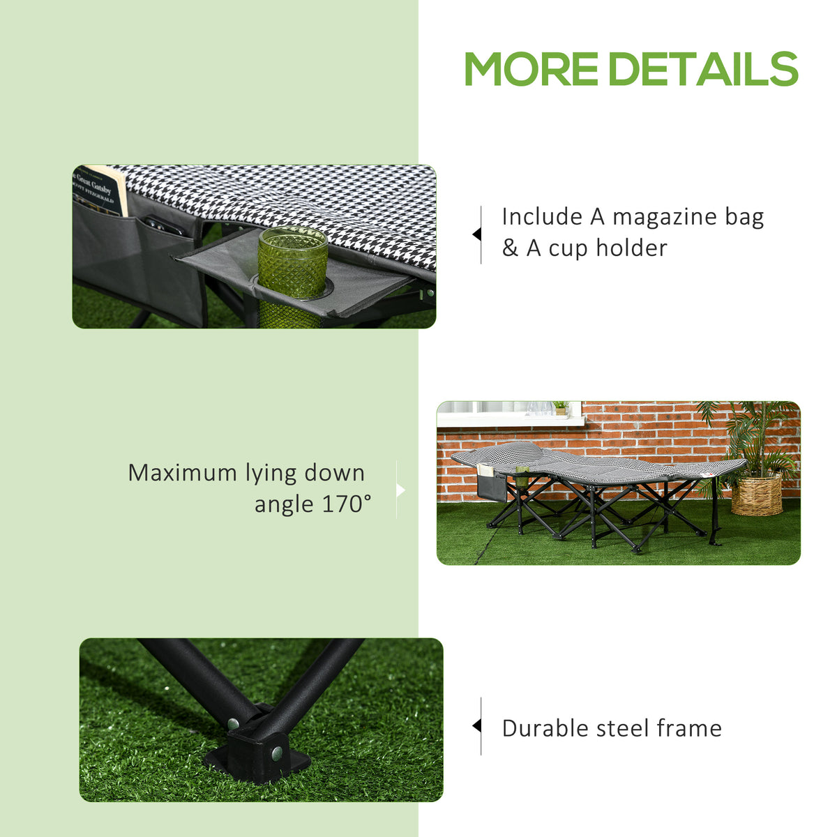 Feldbett Campingbett, Campingliege mit Tasche, Klappbett mit Becherhalter, für Schwimmbad, Balkon, bis 120 kg, Schwarz, 68 x 190 x 48cm