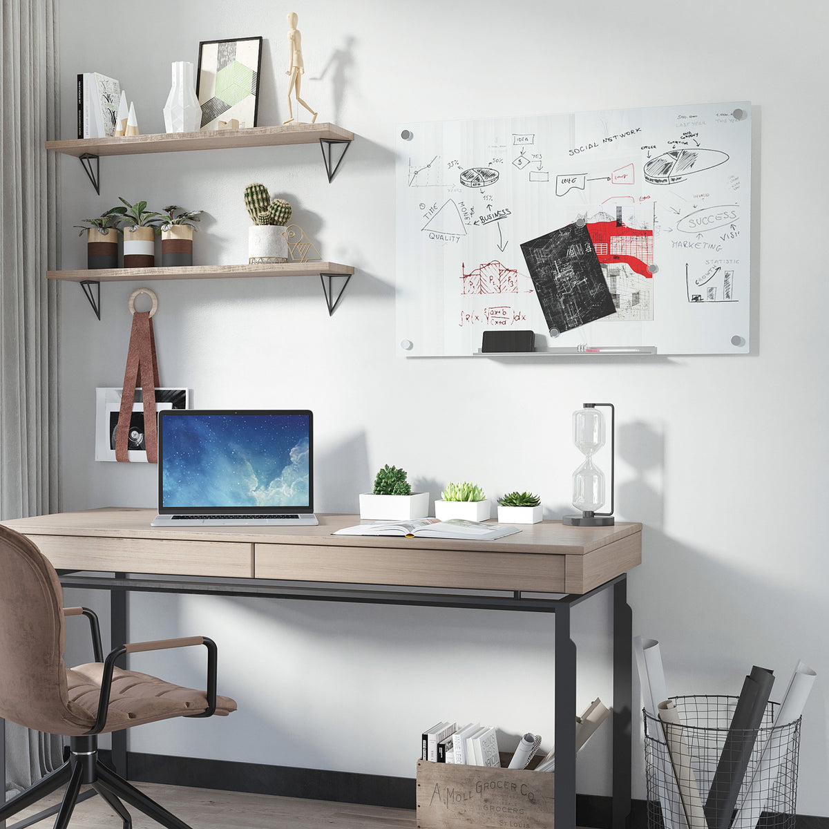 Glas Whiteboard, Memoboard, Whiteboard, 4 Stifte, 6 Magnete, 1 Schwamm,1 Ablage, Weiß