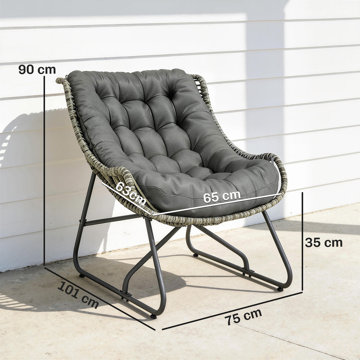 Rattansessel mit Kissen Bänder, gepolsterter Outdoor Sessel aus Polyrattan, Korbsessel bis 120kg