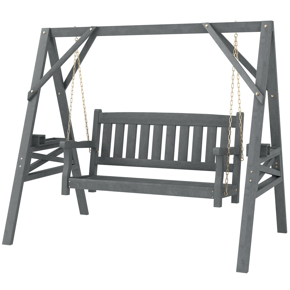 2-Sitzer Gartenschaukel, Holzschaukelbank mit Ablagen, Getränkehalter und Metallketten, Grau