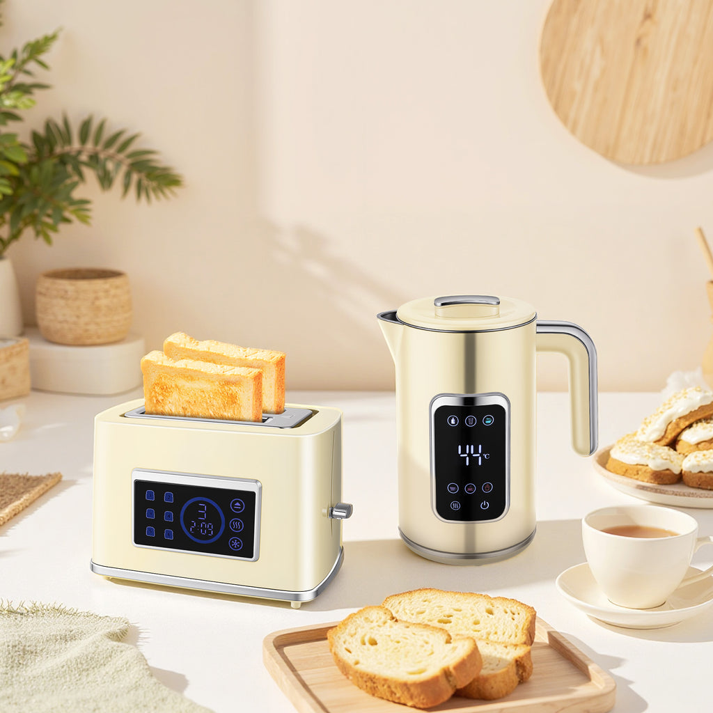 Wasserkocher und Toaster-Set mit LED-Touchscreen, 1,7 L, 2 Toasterschlitze, verschiedene Modi und Funktionen, Cremewei?