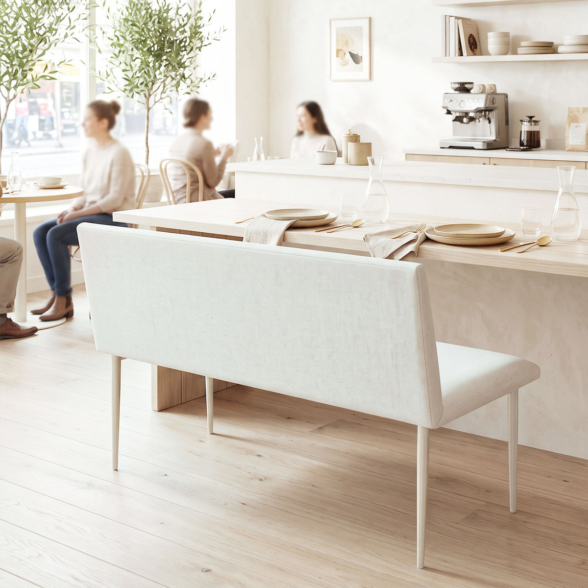 Esszimmerstuhl ohne Armlehnen, Stoff in Leinenoptik, Küchenstuhl mit Rückenlehne und Metallbeinen, für Wohnzimmer, Creme