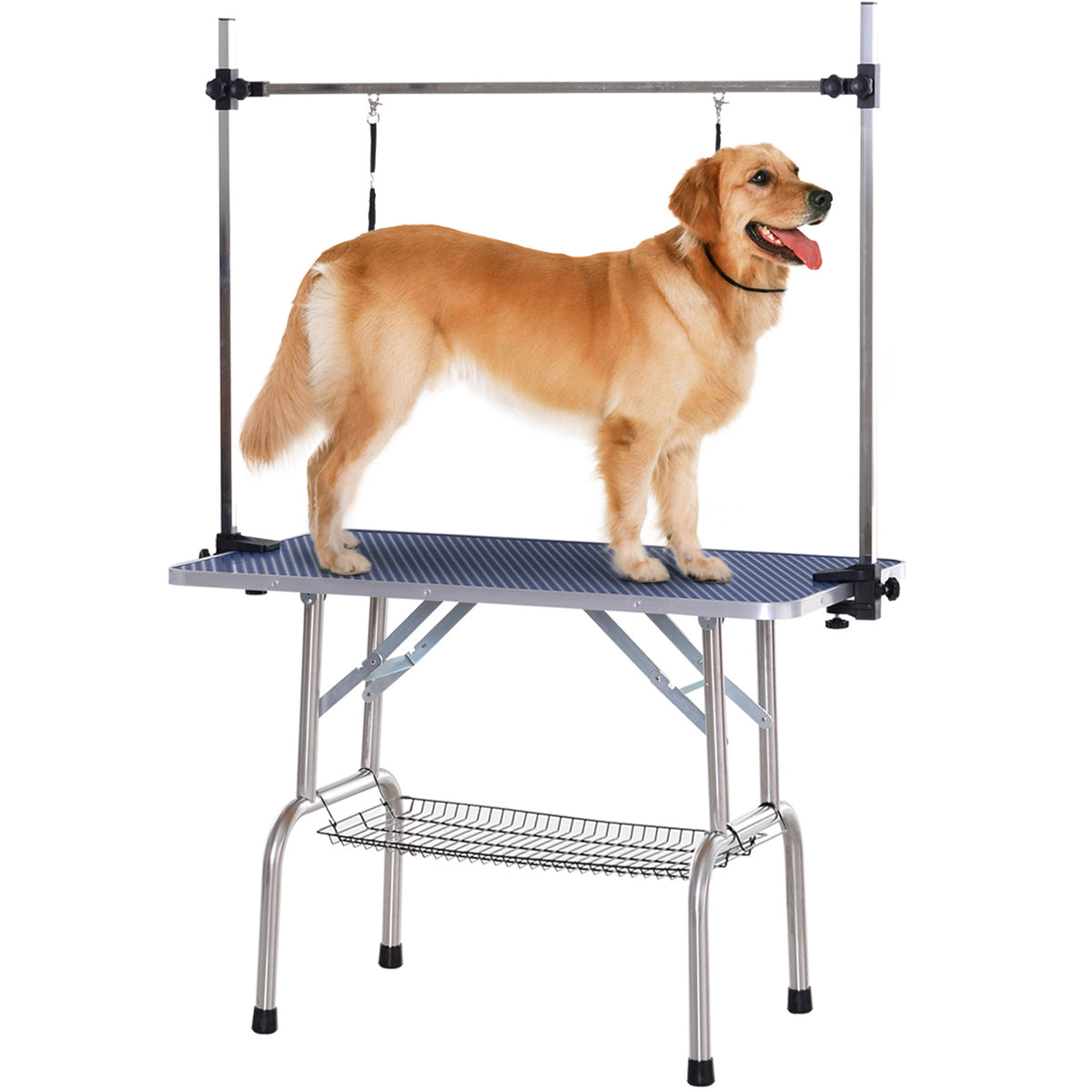 42" Dog Grooming Table, Adjustable Pet Cat Drying Beauty Table with 2 Loops Storage Basket, Rubber Top, Blue