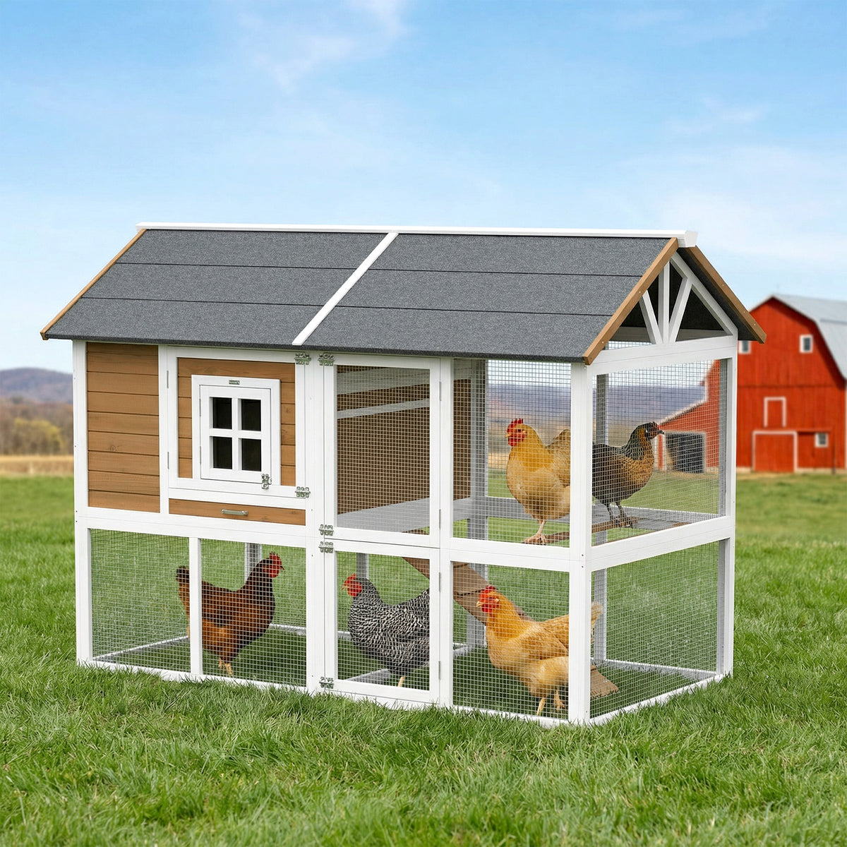 Hühnerstall Hühnerhaus mit Auslauf Nistkasten herausziehbarem Tablett Asphaltdach für 4 Hühner 200x104x145cm Holz Braun