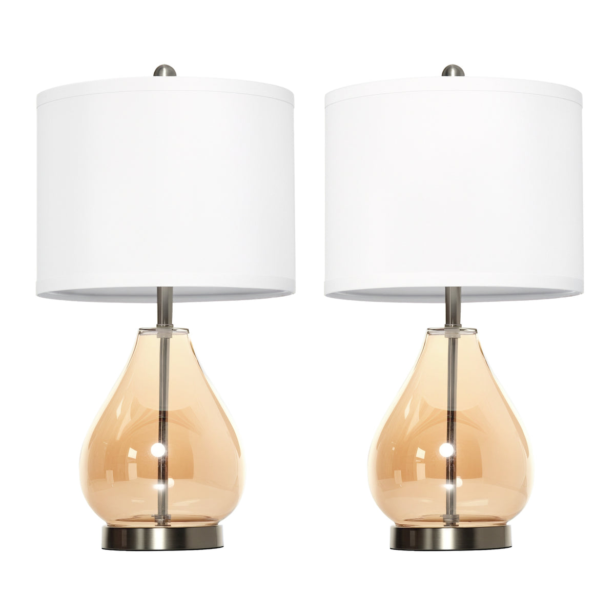 Tischlampe 2er-Set Tischleuchte mit Leinen-Lampenschirm, Glas tropfenförmigen Stangen, Nachttischlampe mit E27-Fassung, für Schlafzimmer, Wohnzimmer, Weiß