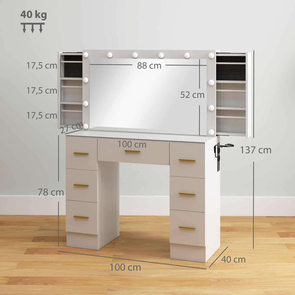 Schminktisch mit Spiegel und 12 LED-Lichtern, Frisiertisch mit 7 Schubladen, 6 versteckte Staufächer, Spanplatte, Weiß