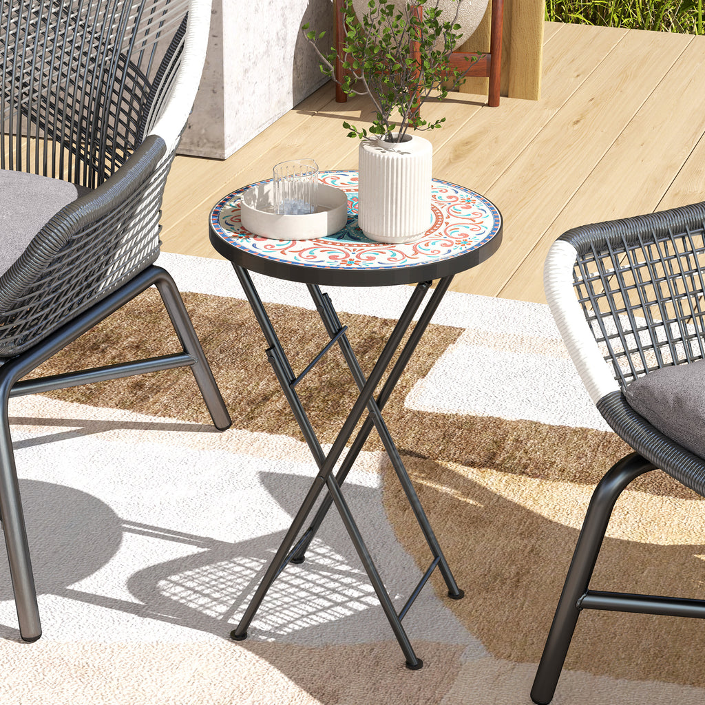 Mosaic Outdoor Garden Table, 35.5cm Round Folding Coffee Table with Metal Frame for Balcony Terrace, Multicolour