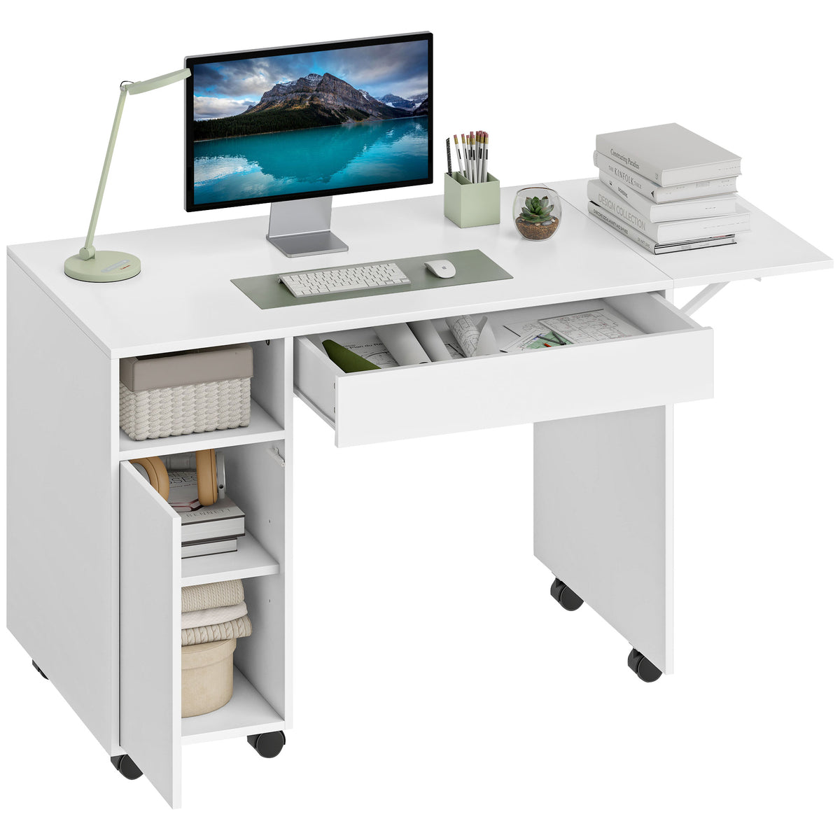 Rollbarer Computertisch, klappbarer Schreibtisch mit Schrank und Schublade, Spanplatte, Wei?