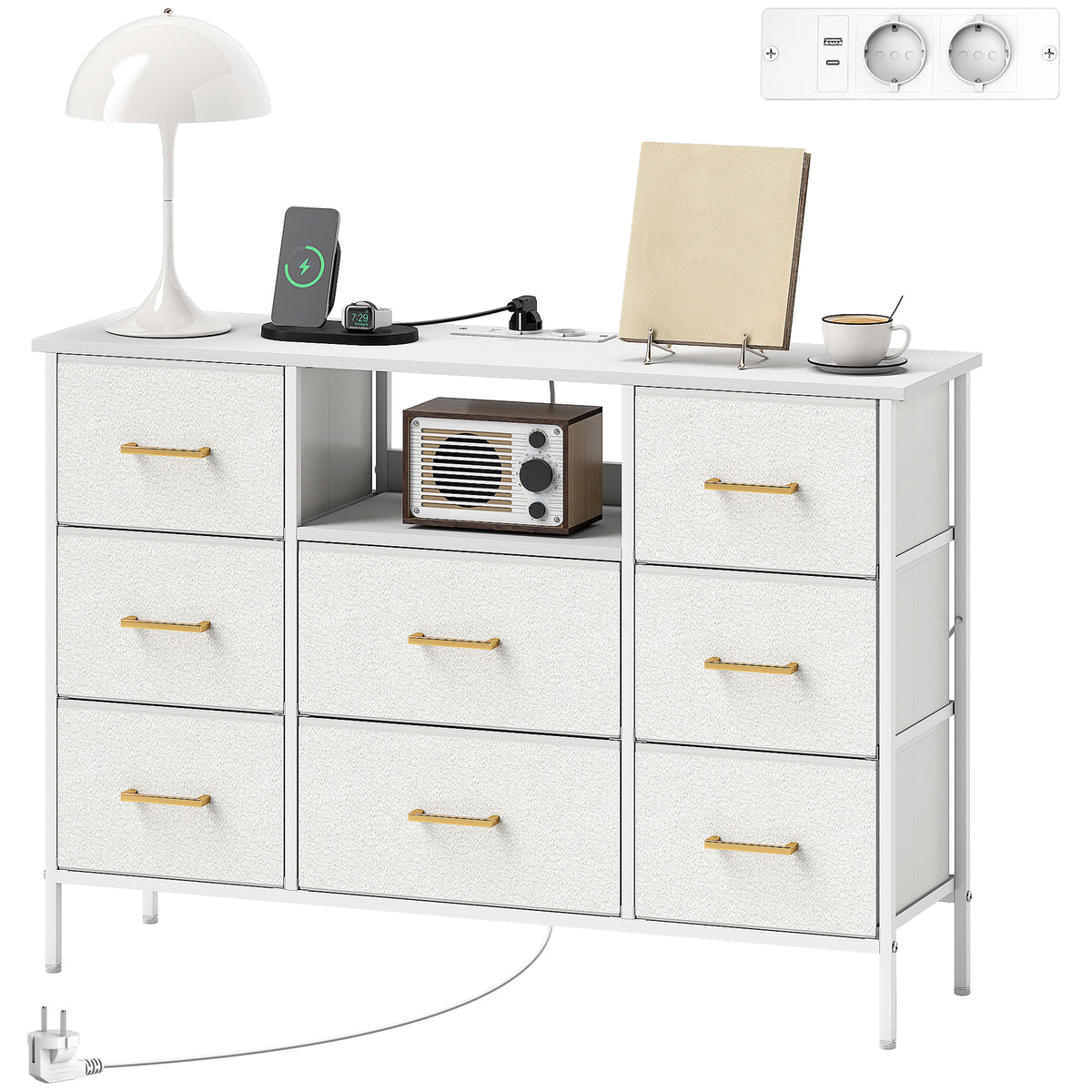 Kommode, Aufbewahrungsschrank mit 8 Schubladen aus Stoff, Steckdosenleiste, Stahlrahmen, Schubladenschrank f¨¹r Flur, Schlafzimmer, Wohnzimmer und B¨¹ro, Cremewei?