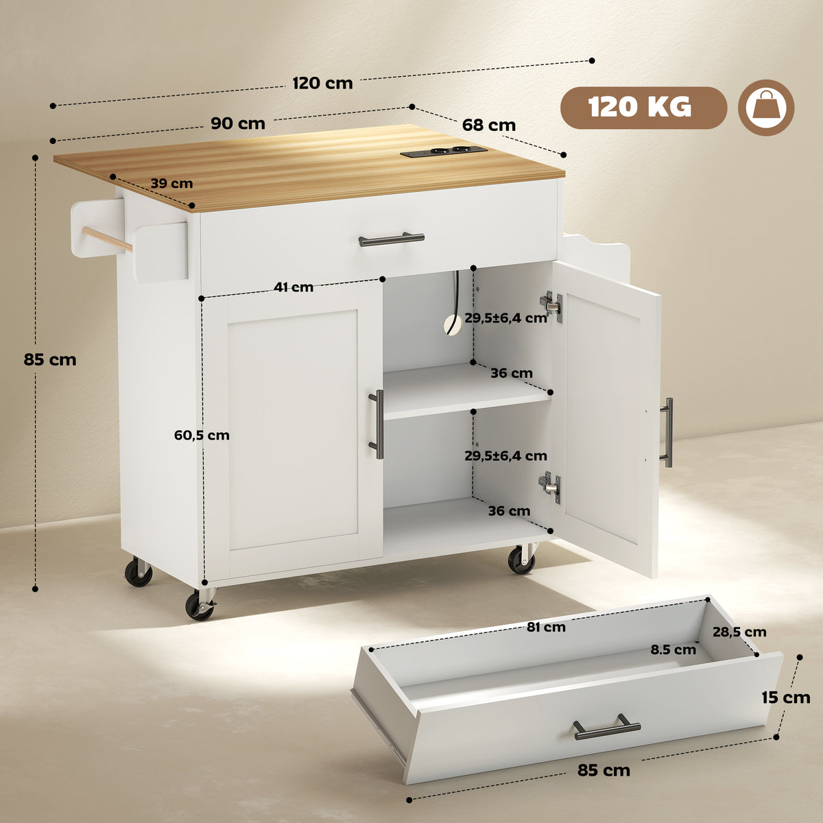 K¨¹cheninsel, K¨¹chenwagen auf Rollen, mit abklappbarer Arbeitsplatte, Schublade, Ablage, 120 x 68 x 85 cm, Wei?