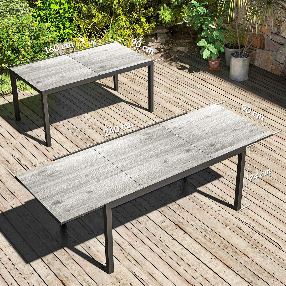 Ausziehbarer Esstisch für 6-8 Personen, Verstellbarer Outdoor-Tisch aus Aluminium, Stahl, Kunststoff, Holzoptik, Grau