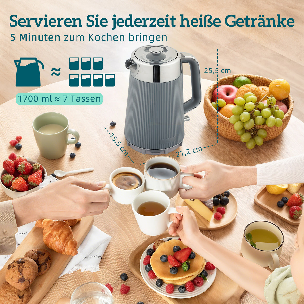 2200W, 1,7L Wasserkocher mit Schnellkochfunktion, Entkalkungsfilter und 4-Scheiben-Toaster mit 7 Br?unungsstufen, Grau