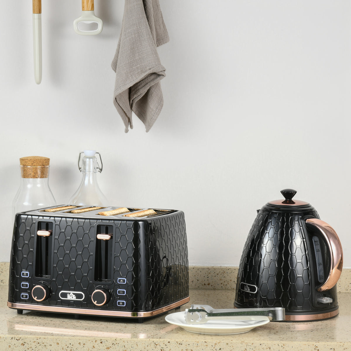 2-in-1 K¨¹chenset, Toaster und Wasserkocher, mehrere Optionen, 1,7 L, 4 Toastscheiben gleichzeitig, Kunststoff, Schwarz