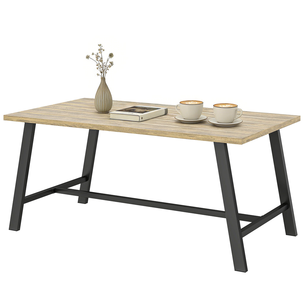 Outdoor-Couchtisch, rechteckiger Metall-Beistelltisch mit Tischplatte in Holzoptik, 100 x 55 cm, Braun