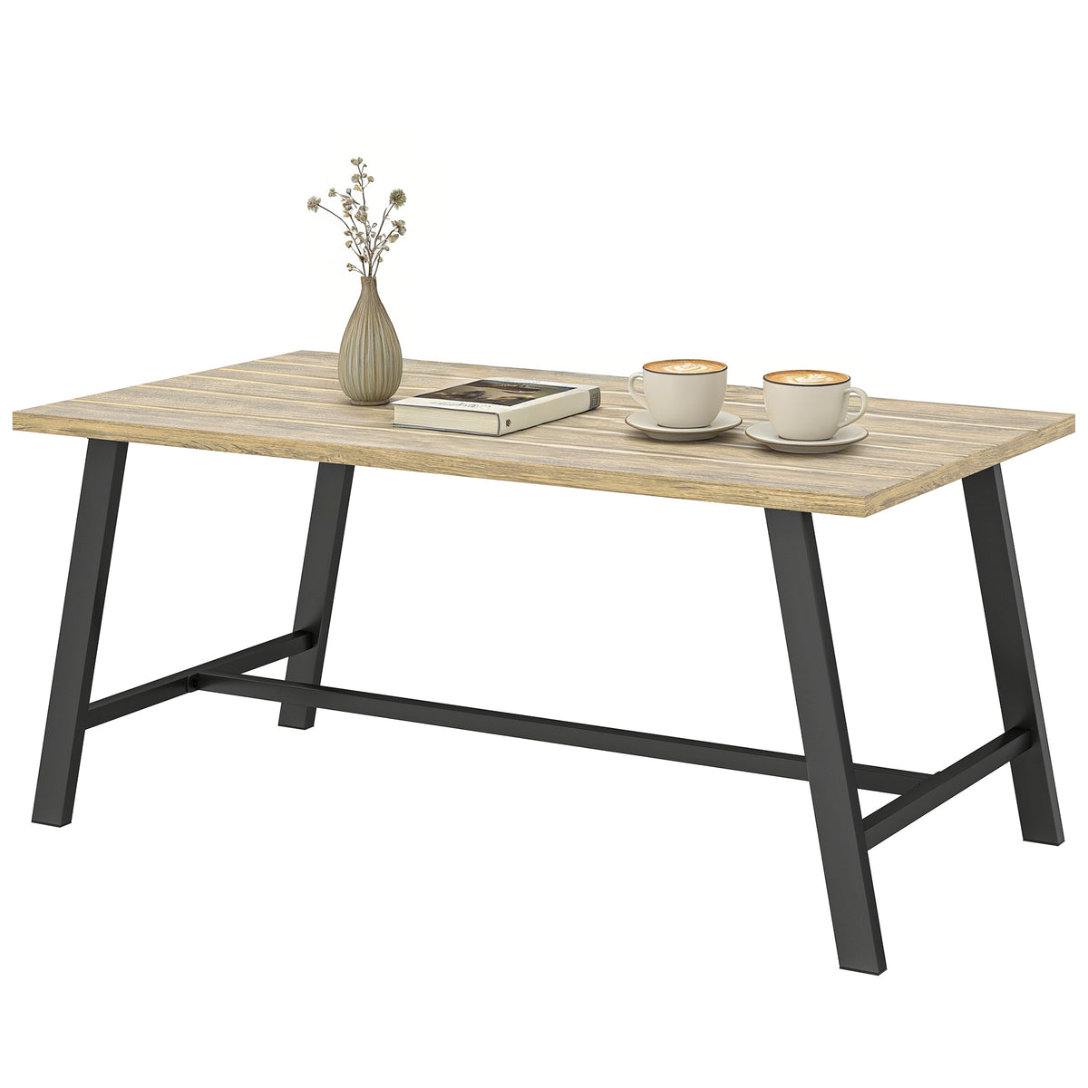 Outdoor-Couchtisch, rechteckiger Metall-Beistelltisch mit Tischplatte in Holzoptik, 100 x 55 cm, Braun