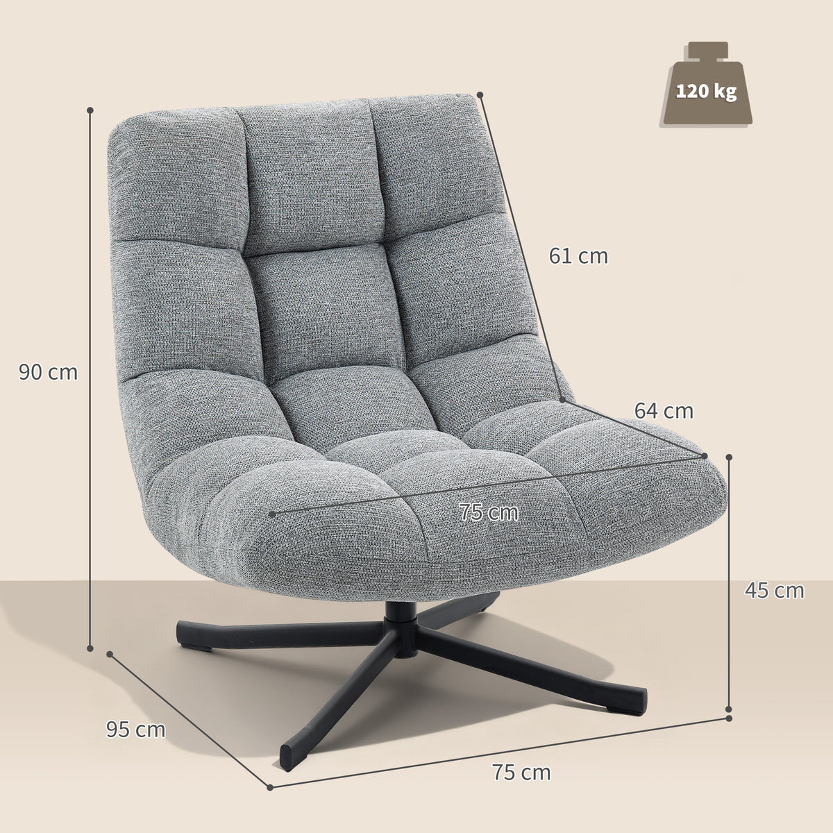 Sessel Drehbar Loungesessel mit Breiter Sitzfläche, wasserabweisend Chenille-Optik, gekreuzt Stahlbeine, Grau