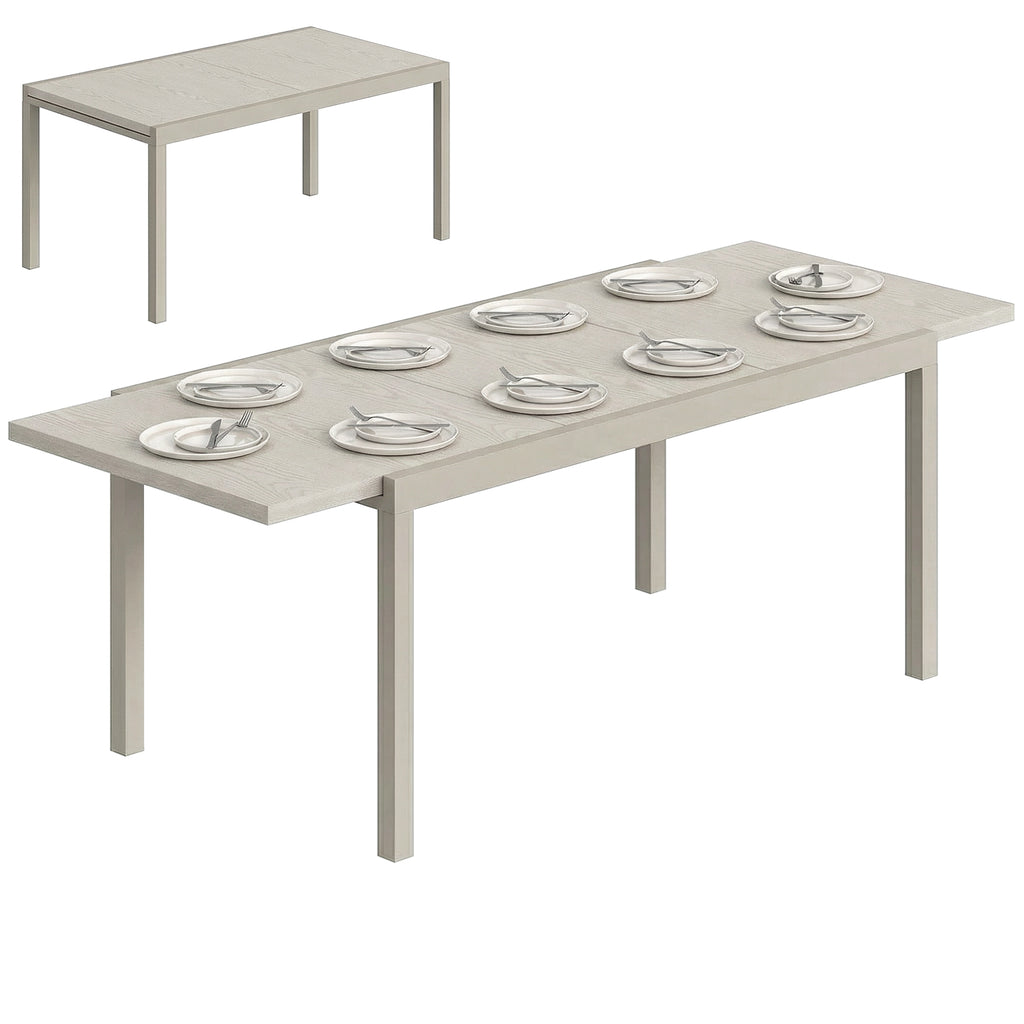 Extending Garden Table, Aluminium Outdoor Dining Table for 8-10 with Wood-Like Grained Surface, Light Grey Wood Effect