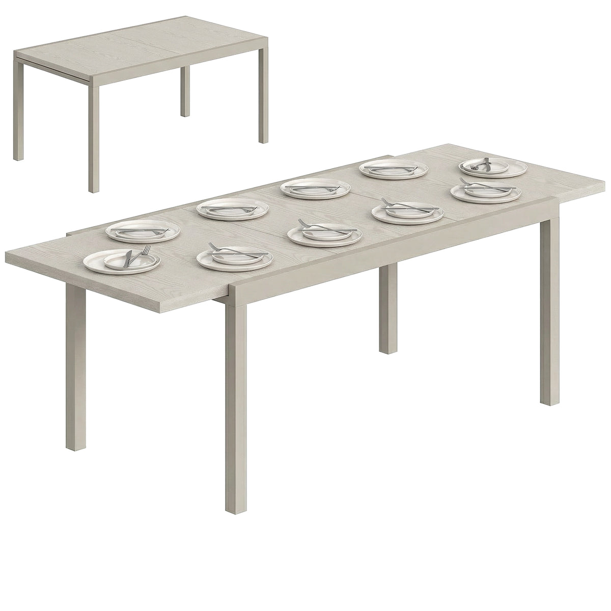 Extending Garden Table, Aluminium Outdoor Dining Table for 8-10 with Wood-Like Grained Surface, Light Grey Wood Effect