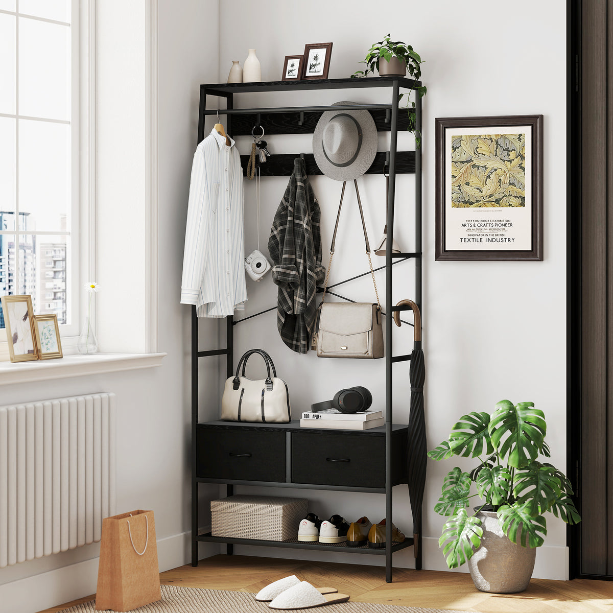 Garderobenständer mit Schuhregal, Kleiderständer im Industrie-Design, 2 Stoffschubladen, 8 Haken, Metallrahmen, Schwarz