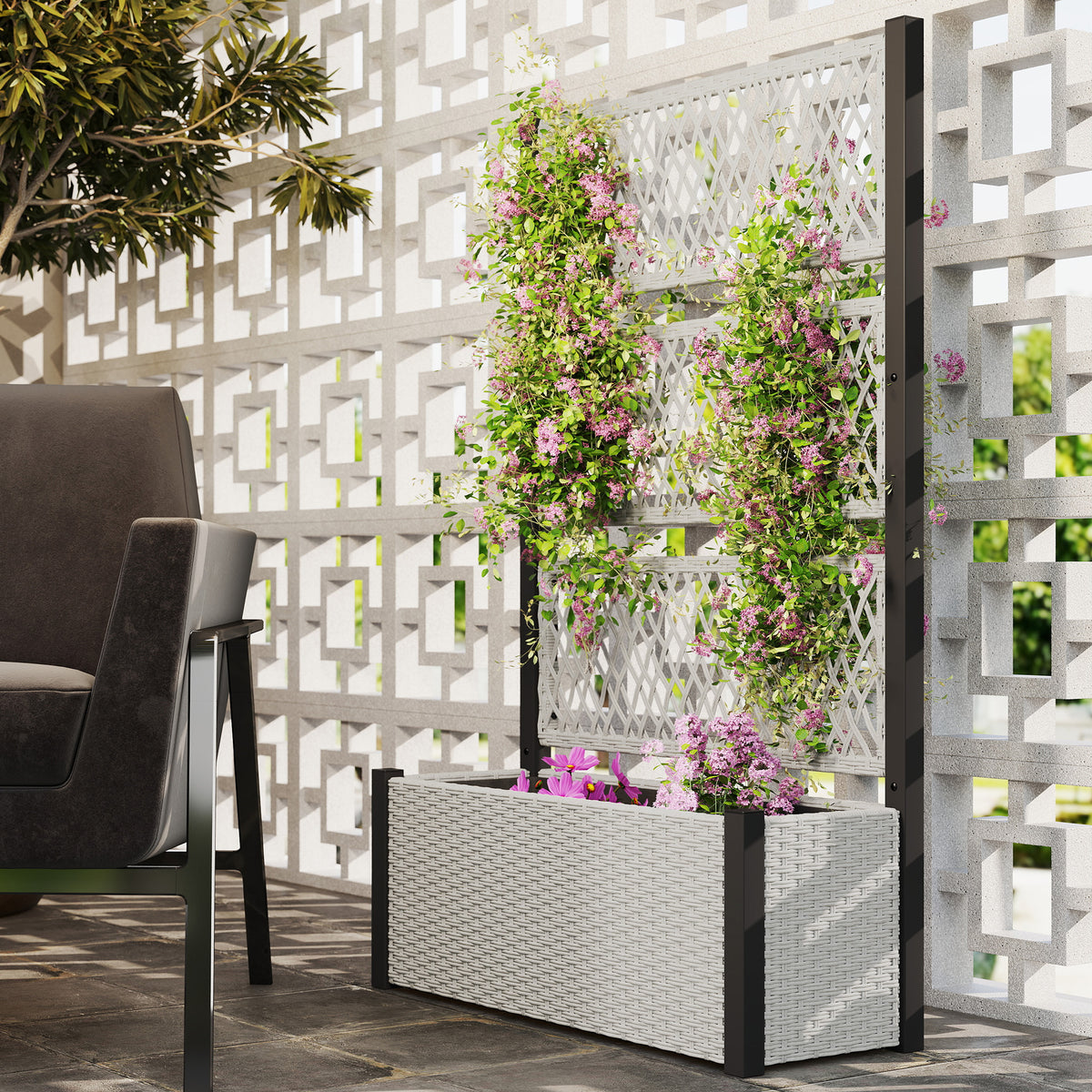 Garden Planter Box with Trellis, Liner for Climbing Plants, Vegetables, Flowers, 90 x 35 x 148 cm, Mixed-grey