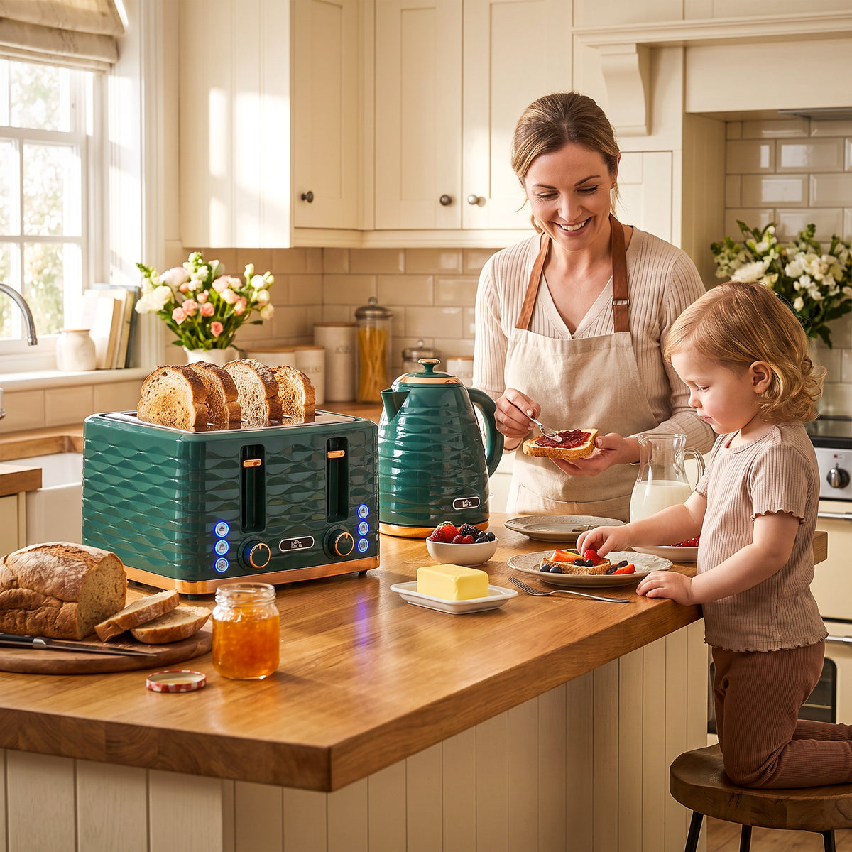 2-in-1 Toaster und Wasserkocher Set, 7 Bräunungsstufen, Auftau- und Aufwärmfunktion, Grün