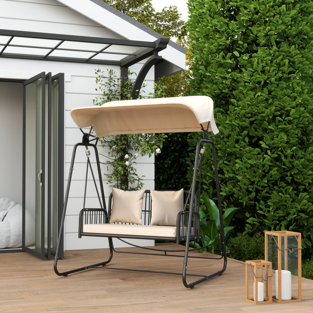 Hollywoodschaukel Rattan 2-Sitzer Gartenschaukel mit Sonnendach Kissen bis 240 kg 149 x 121 x 180 cm Khaki