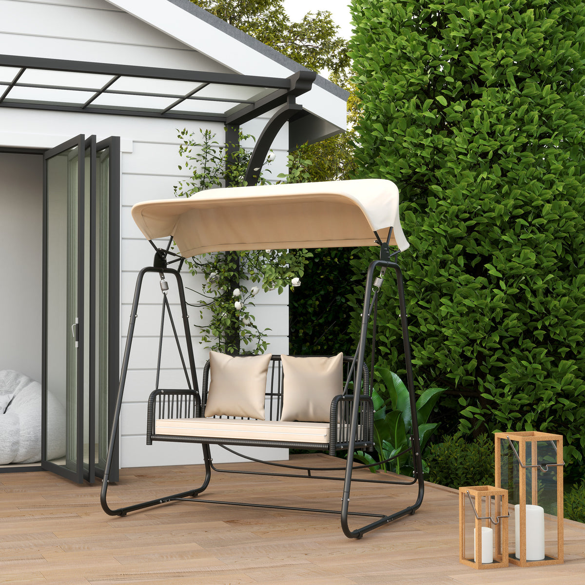 Hollywoodschaukel Rattan 2-Sitzer Gartenschaukel mit Sonnendach Kissen bis 240 kg 149 x 121 x 180 cm Khaki