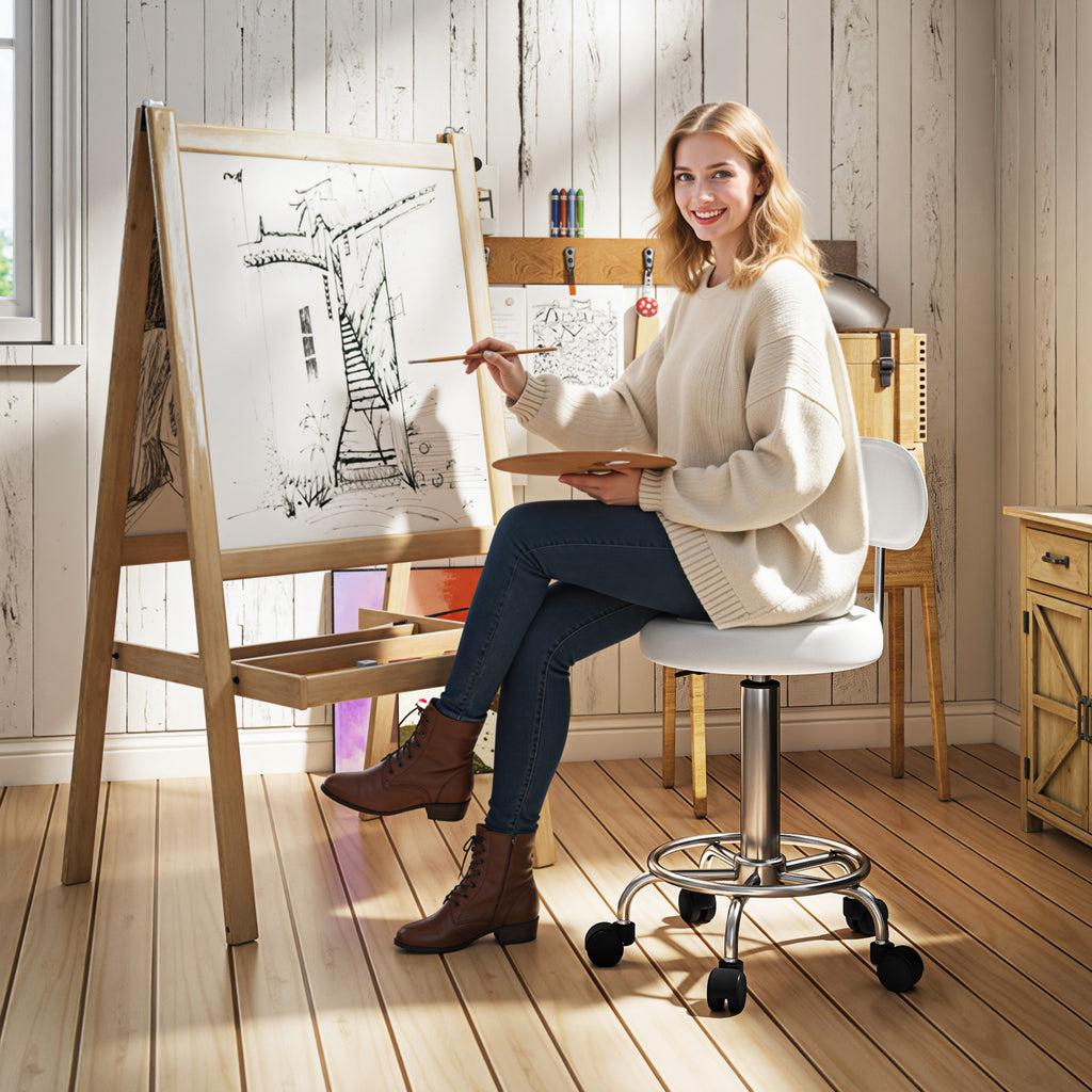 Rollhocker, Drehbarer und verstellbarer Hocker mit Rückenlehne, Kunstlederbezug, Fußstütze, für Frisiertische, Weiß