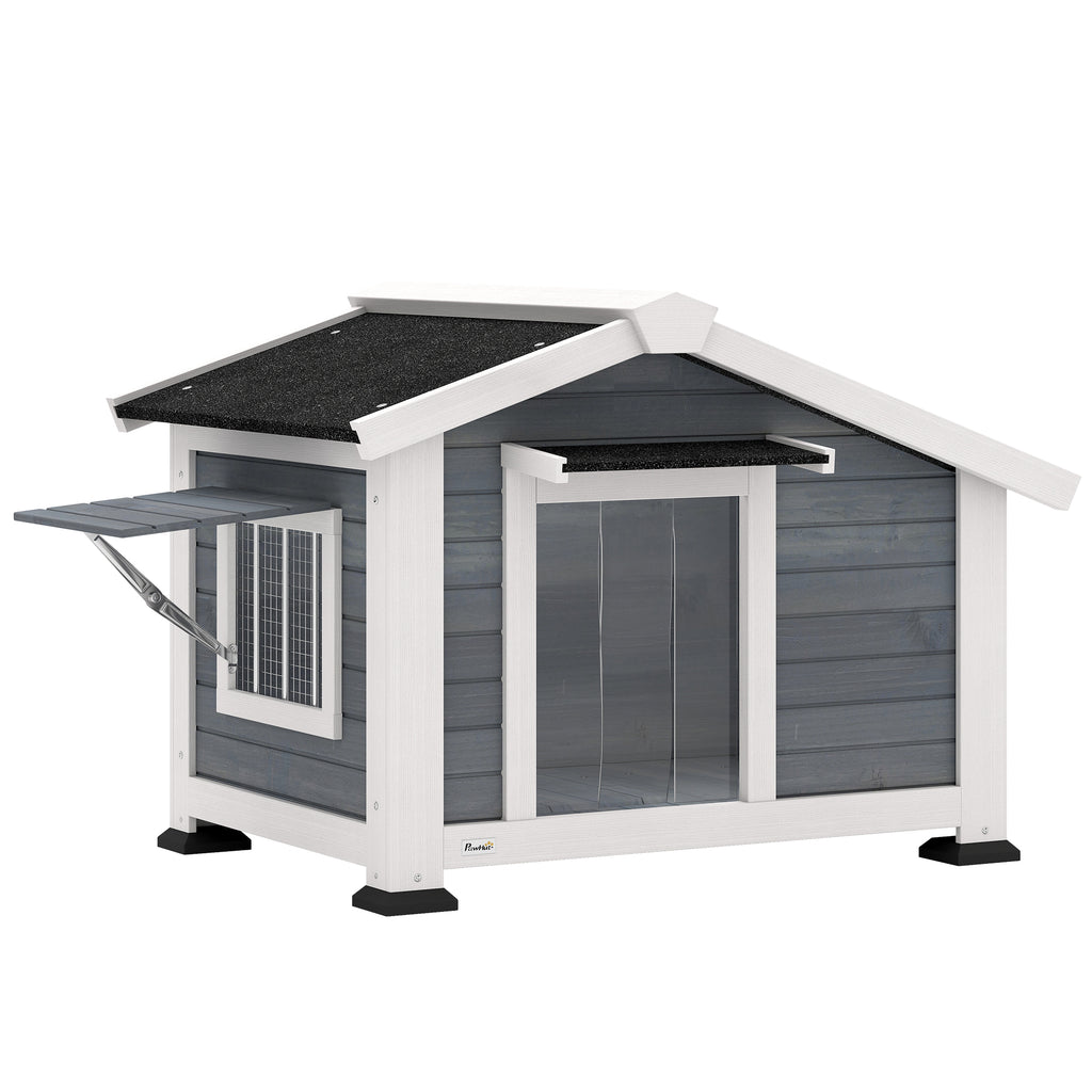 Hundehütte wetterfestes Hundehaus aus Holz mit herausnehmbarem Boden Asphaltdach öffnendem Fenster 98x76x69,5 cm Grau