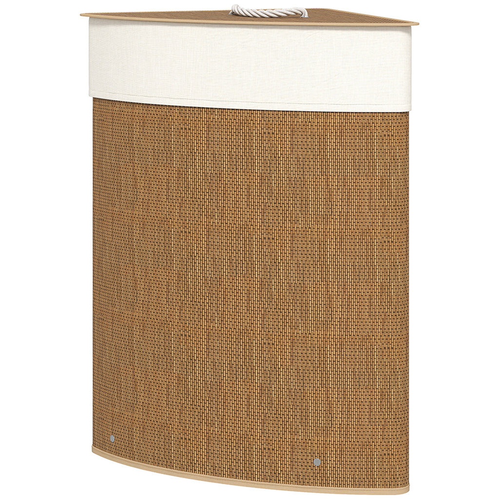 Wäschekorb im Eckdesign, Bambusgeflecht, 55 Liter, Stoffbeutel, Metallrahmen, Braun