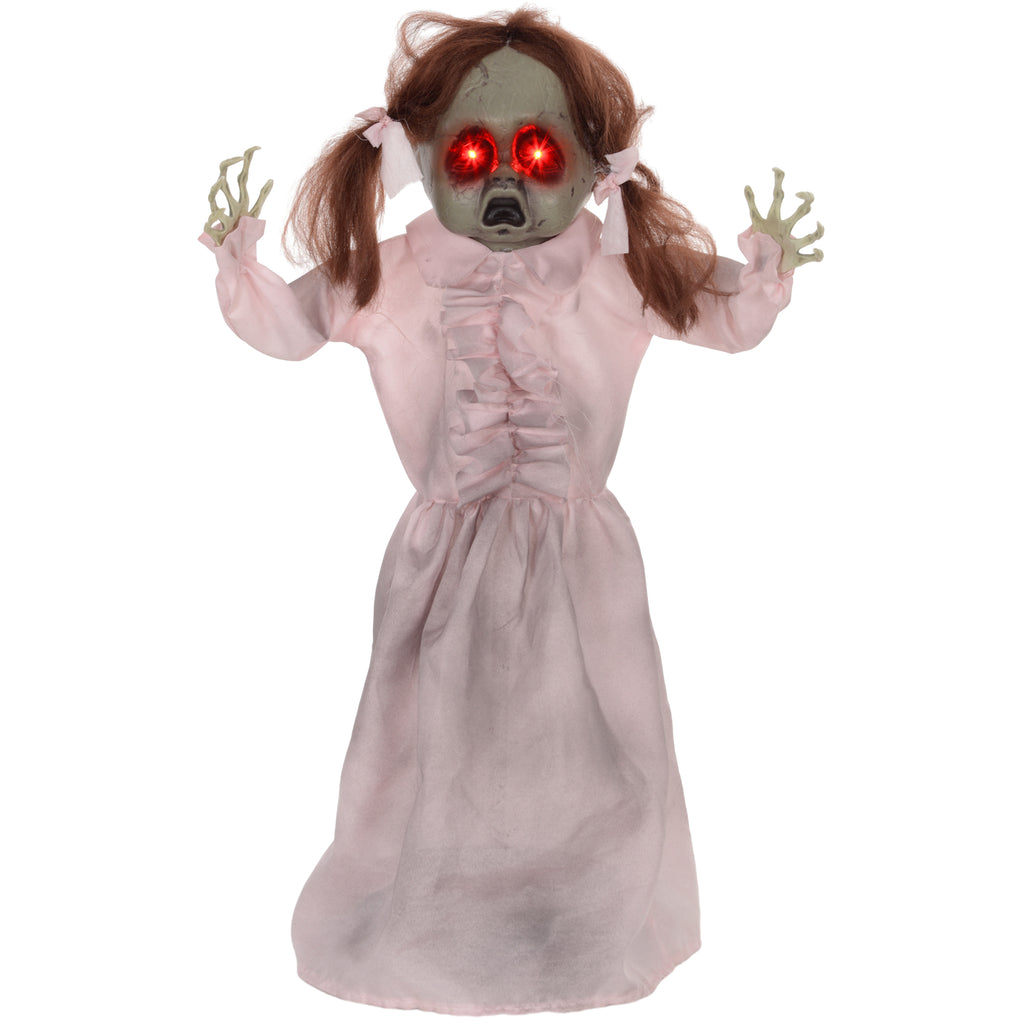 Horrorpuppe, Helloweendeko, aktiviert mit Geräusche/Berührung, rote Augen, Sound, 76 cm