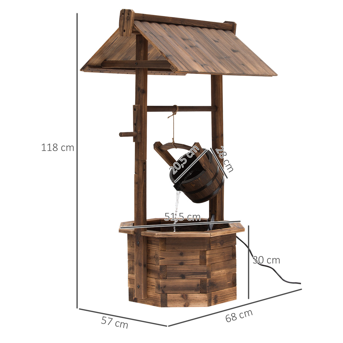 Springbrunnen aus Holz Outdoor Gartenbrunnen mit plätscherndem Wasser Dekorationsbecken Ornamenten Pumpe Wasserspiel Terrassenbrunnen für Garten Terrasse Rasen 68 x 57 x 118 cm Braun