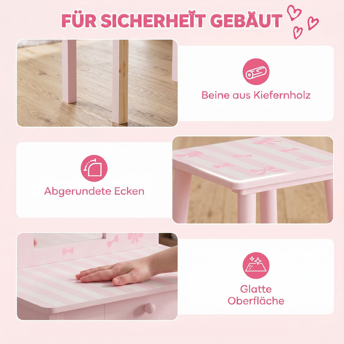 Kinder Schminktisch Set 2 in 1 mit Hocker für Mädchen 3-6 Rosa