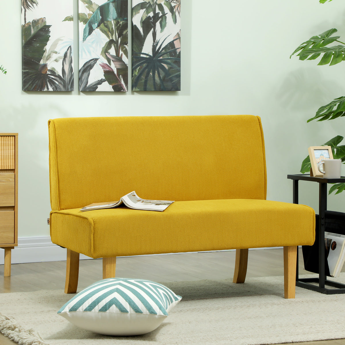 Zweisitzer-Sofa mit Cord-Bezug, dicker Polsterung und soliden Holzbeinen f¨¹r Wohnzimmer, Schlafzimmer, B¨¹ro, Gelb