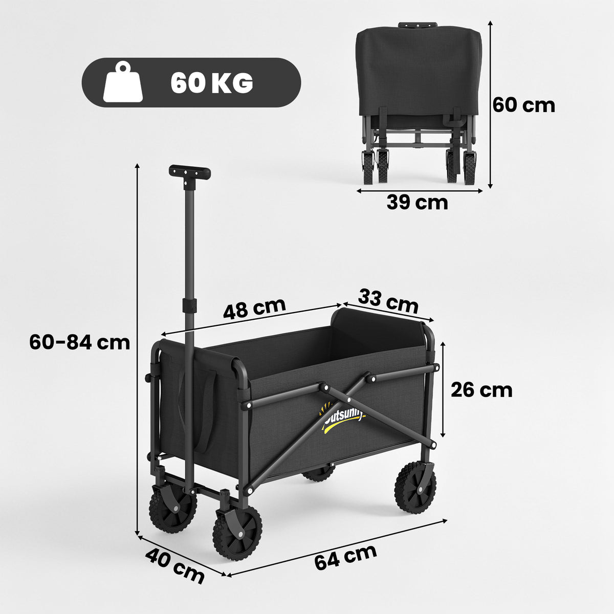 Bollerwagen Faltbar Handwagen 360° Gartenwagen mit verstellbarem Griff Strandwagen bis 60 kg für Sport Einkauf Schwarz