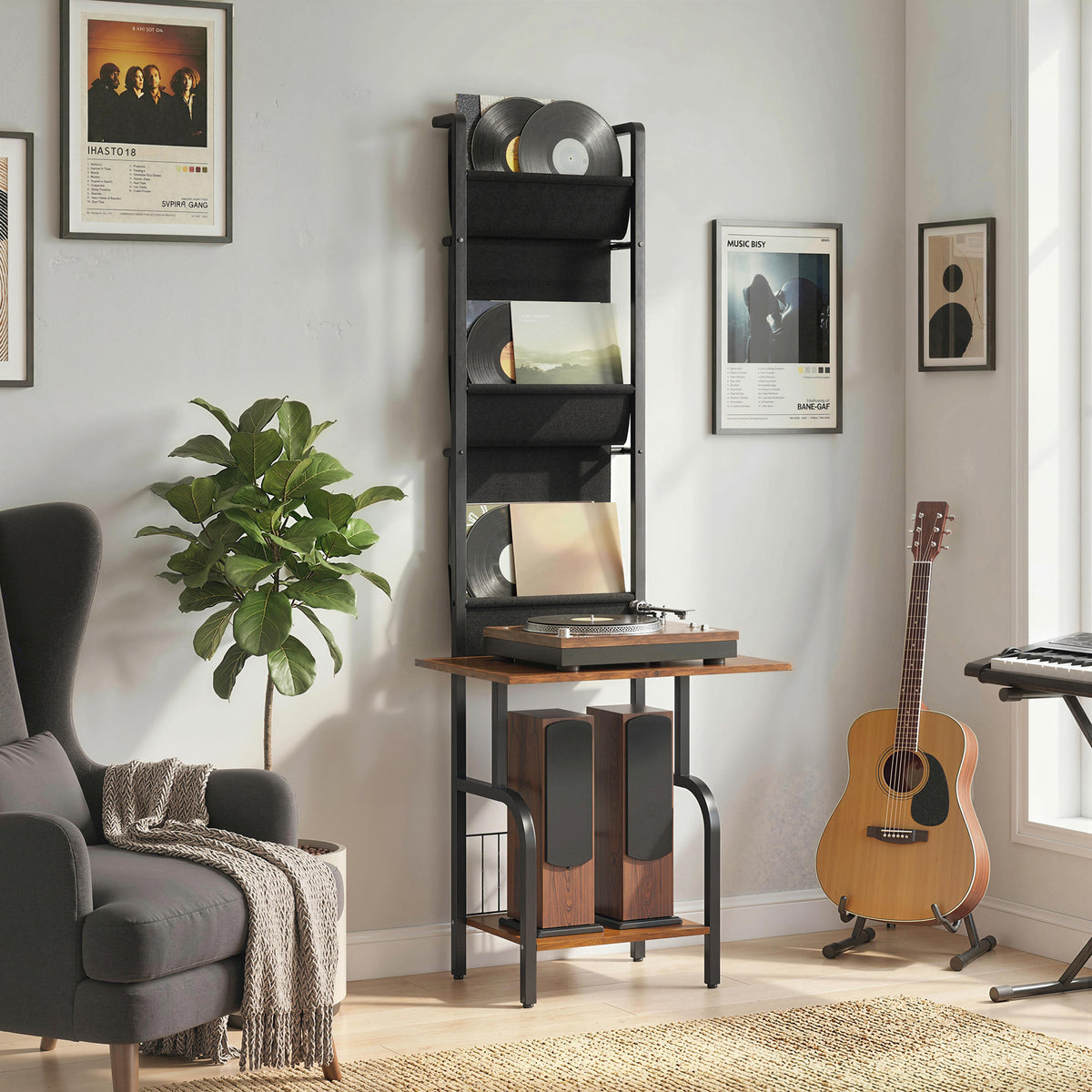Vinyl Record Player Stand Record Storage with Player Stand Oxford Fabric Pockets Bottom Shelf Rustic Brown and Black