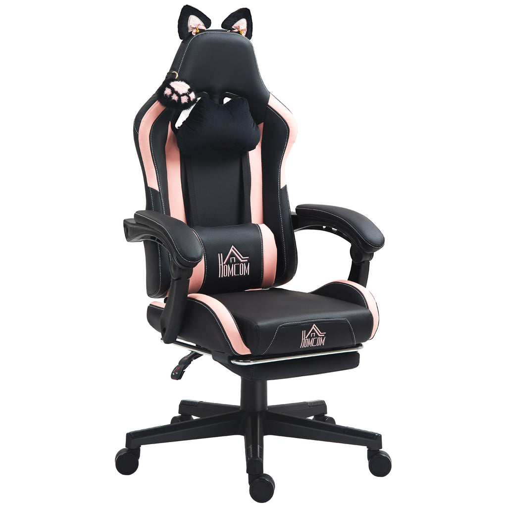 Gaming-Sessel mit Katzenohren, neigbare Lehne, ausziehbare Fußstütze, bis 120 kg, Rosa/Schwarz