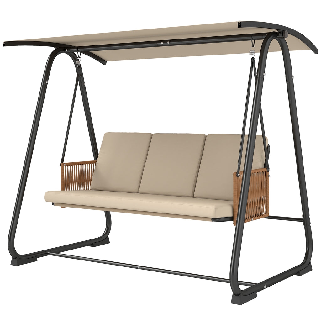 3 Seater Swing Chair with Adjustable Canopy, 360 kg Garden Swing Seat Outdoor Hammock Bench with Cushions, Sand Brown