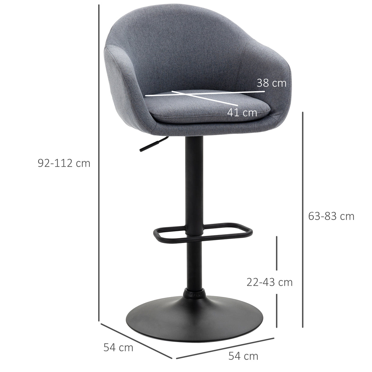 Barhocker mit Fußstütze; höhenverstellbar, Leinenoptik, 54 cm x 54 cm x 112 cm, Grau