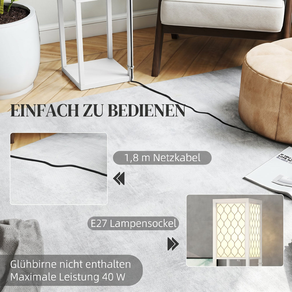 Stehlampe mit Regal, 3 Fächer, kompakte Maße, MDF, Weiß