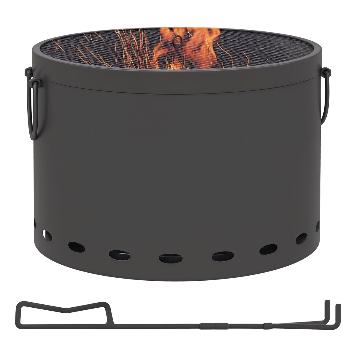  Smokeless Fire Pit, 38cm Portable Wood Burning Firepit with Spark Screen and Poker, Low Smoke Camping Bonfire Stove for Garden Patio Picnic, Dark Grey