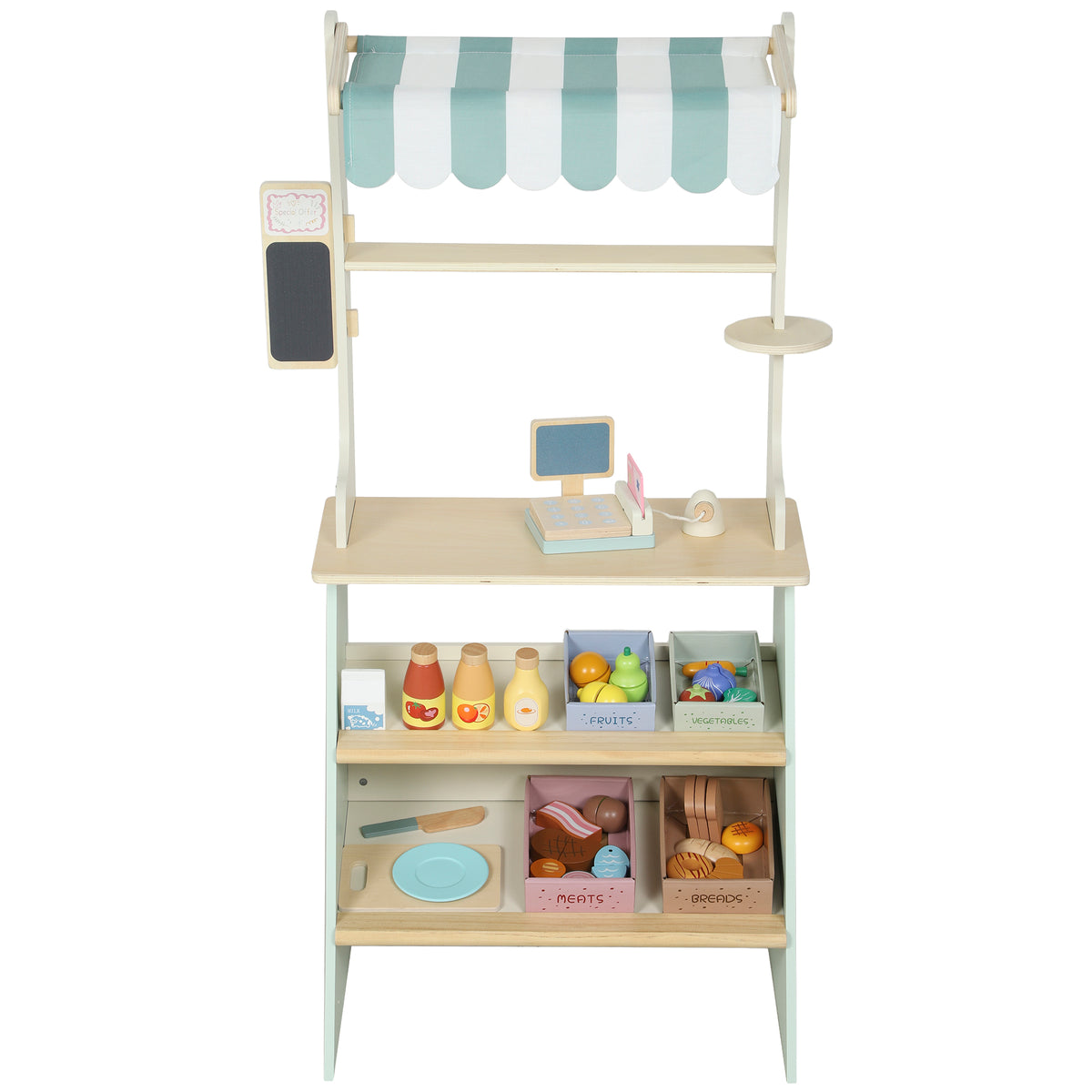 Wooden Toy Shop, Wooden Market Stall with Cash Register, Blackboard and Toy Food, 4 Storage Boxes, Ages 3+, Green