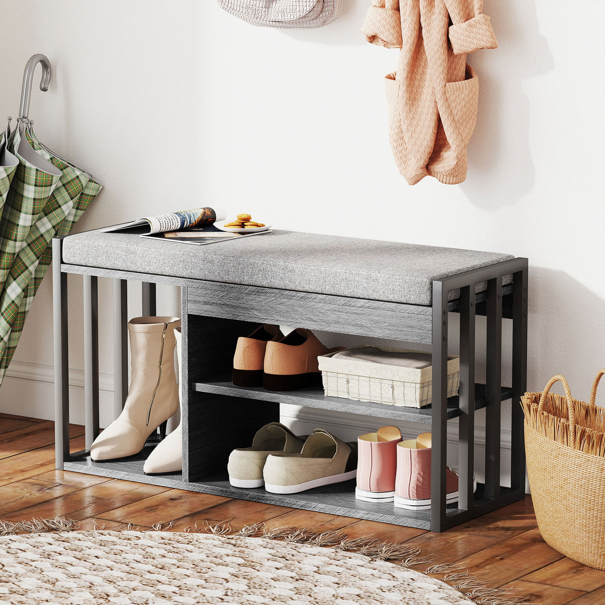 Schuhregal mit Sitzbank, Flurregal für Schuhe, Schuhschrank mit 3-stufigem Design, für Flur, Eingangsbereich, Wohnzimmer, Schlafzimmer, Grau