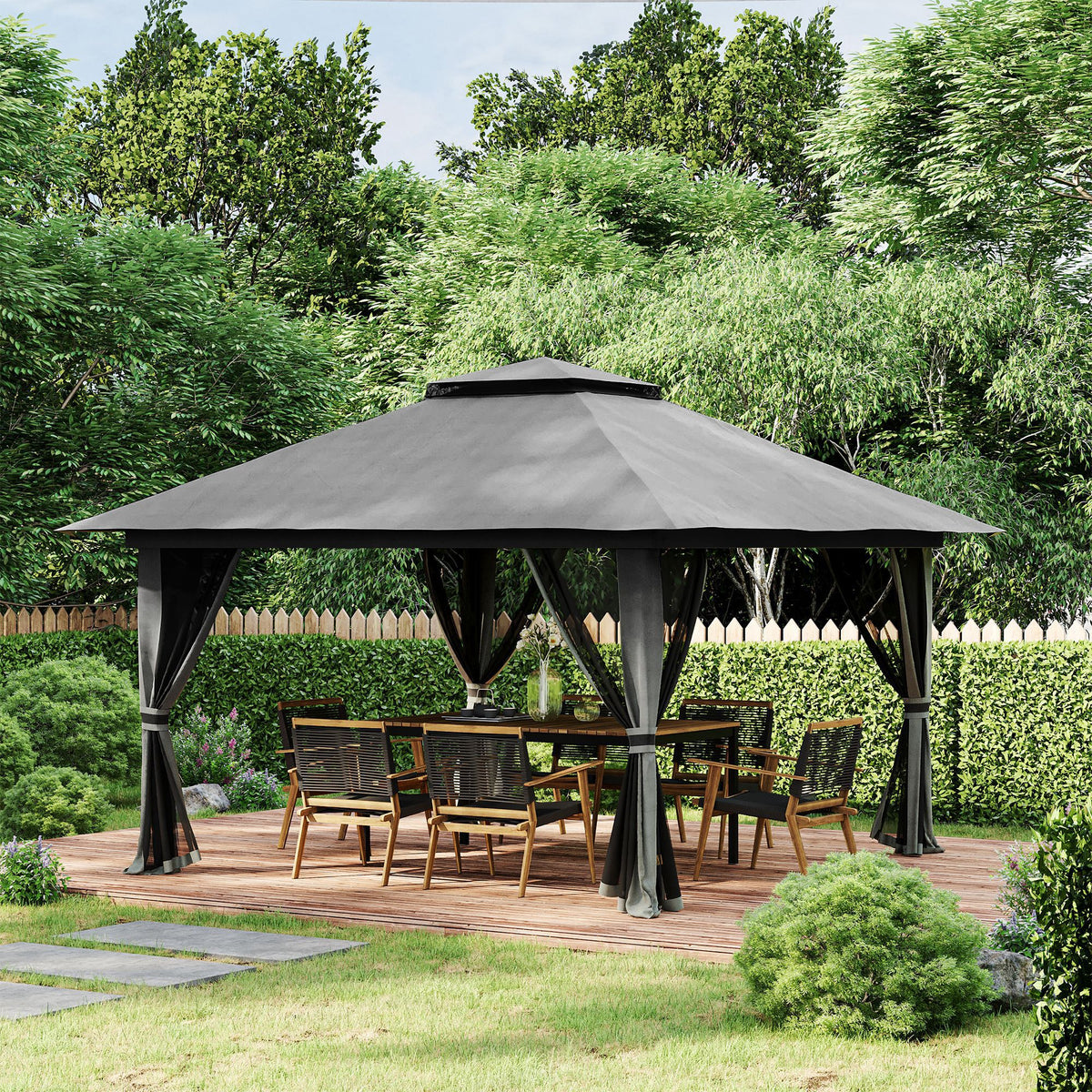 Faltpavillon, höhenverstellbar, 4 Netzwände, Lüftungsdach, Tragetasche, Schnellaufbau, dunkelgrau, 4 x 4 x 3 m