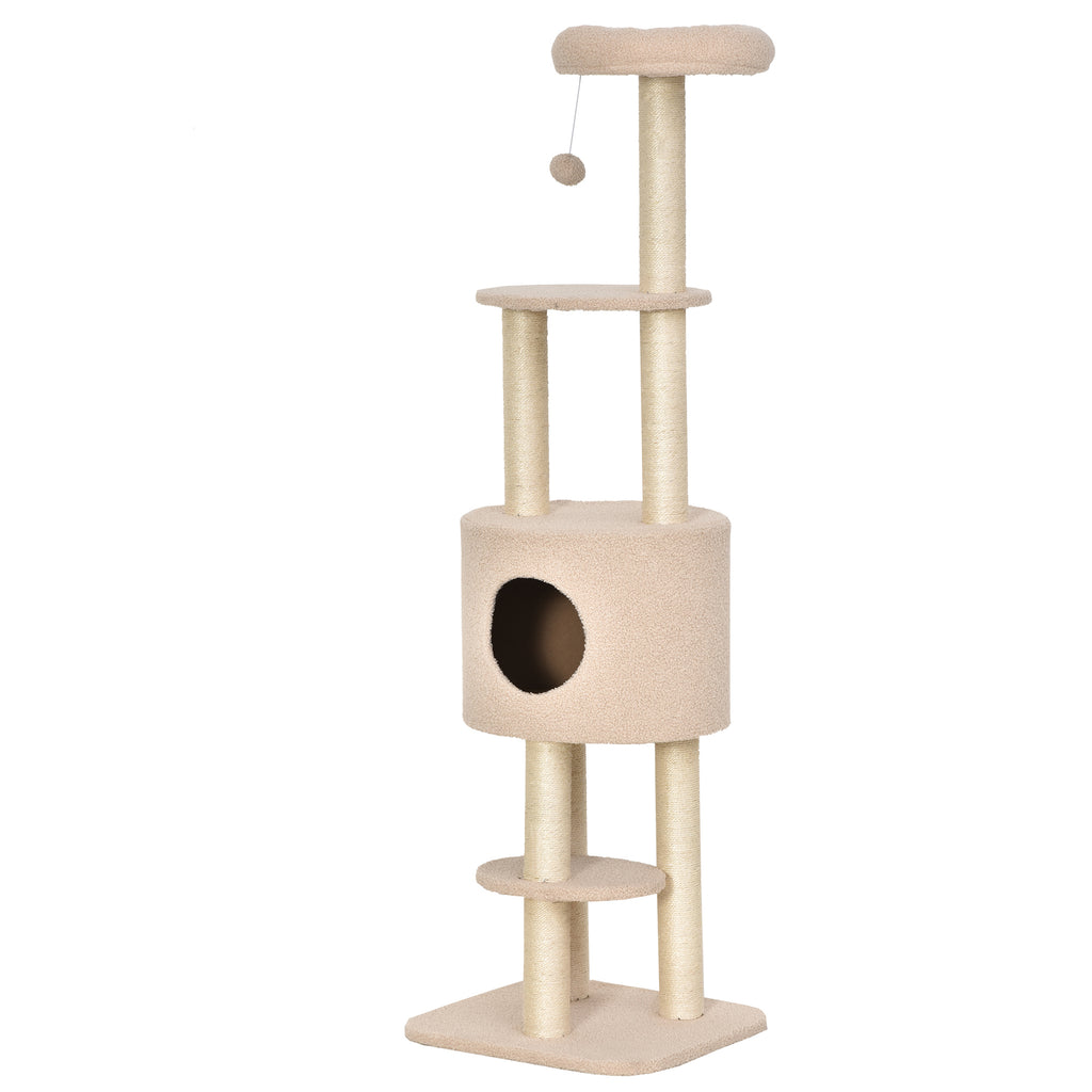 Kratzbaum 148 cm hoch Katzenbaum mit Höhle, 4 Spielzeuge, Sisalstämme, große Plattform, mehrstöckig für Katzen bis 5 kg
