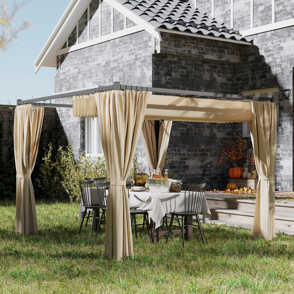 3 x 3(m) Retractable Pergola, Garden Gazebo Shelter with Curtains, for Grill, Patio, Deck, Beige