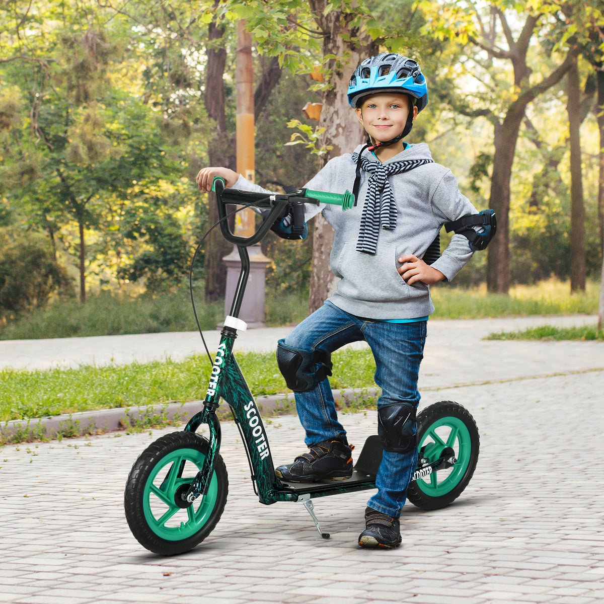 Kids Scooter with Adjustable Handlebar, Children's Kick Scooter with Non-slip Footplate, Rear Brake, Kickstand, Green