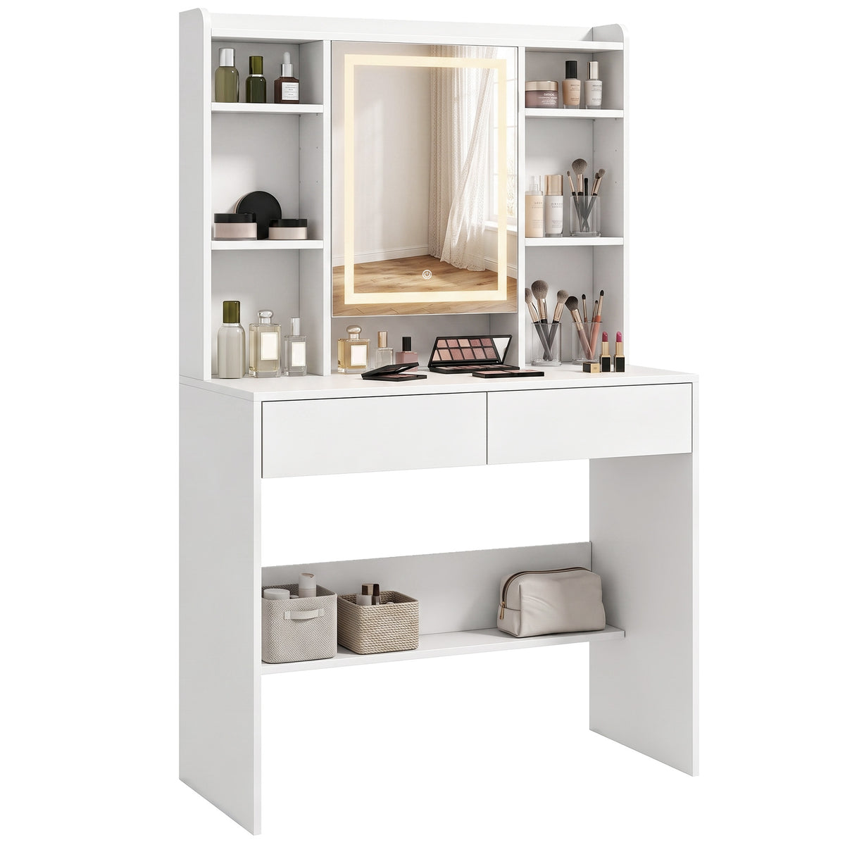 Schminktisch mit Spiegelschrank, LED-Beleuchtung, 2 Schubladen, Weiß