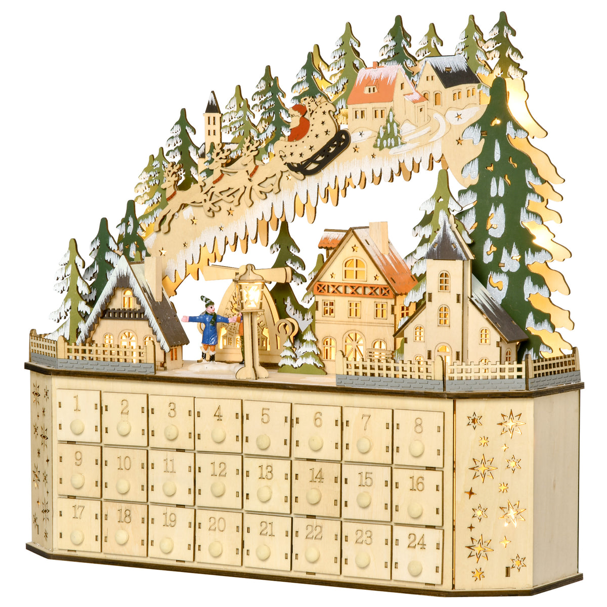 Adventskalender Weichnachtsdekoration Weihnachtsdeko, 24 Schubladen, LED-Lichter, 39 cm x 9 cm x 42 cm, Weiß + Grün